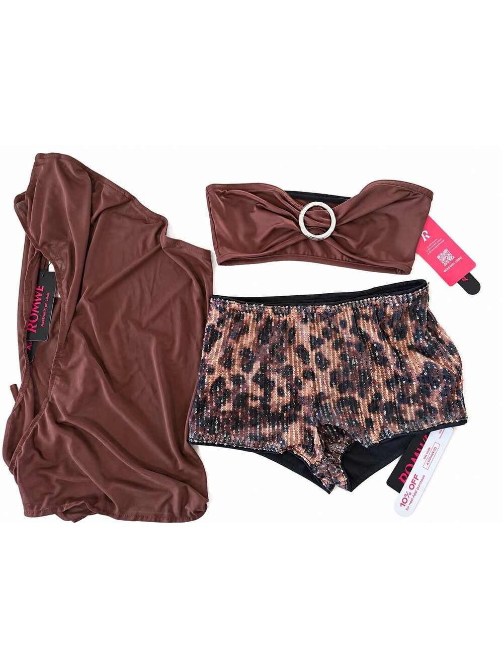 Romwe Women's 3-Piece Bikini Set with Leopard Print Shorts and Brown Bandeau Top